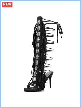 Open Toe Lace Up Fringe Heels Faux Suede Gladiator Heeled Sandals